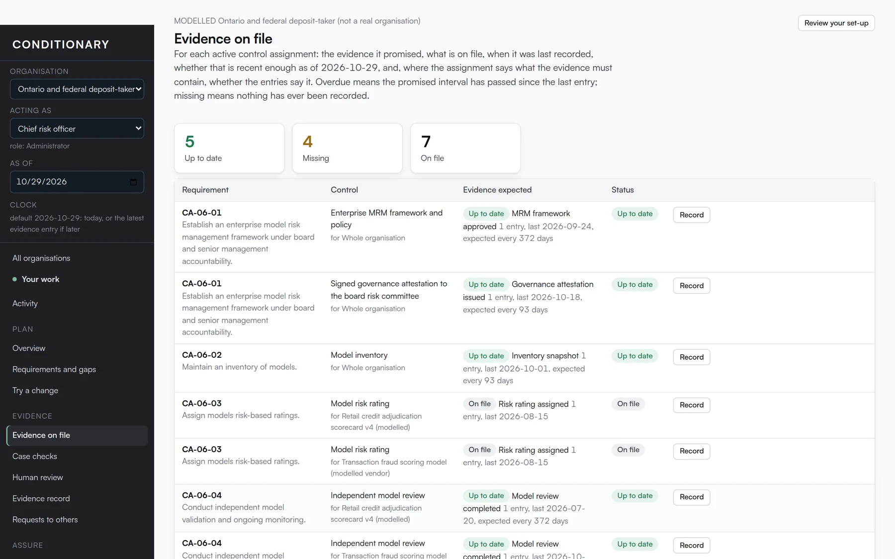 The Evidence on file screen in Conditionary, shown with a modelled example organisation.