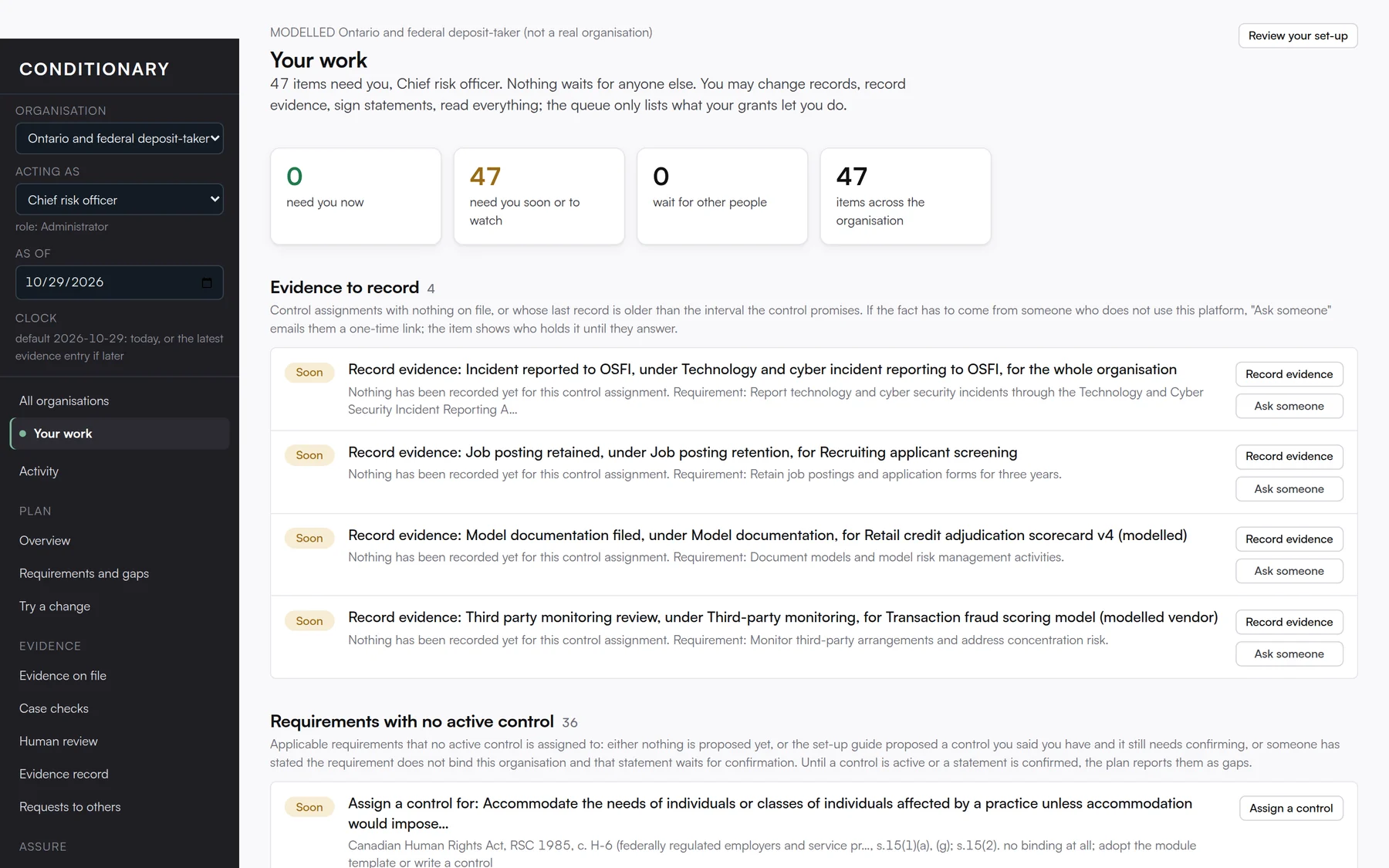 The Your work screen in Conditionary, shown with a modelled example organisation.